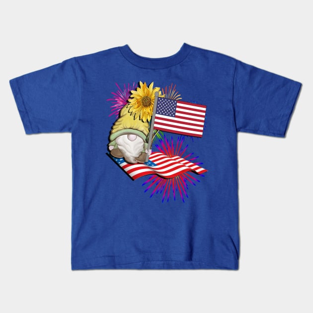 USA Fourth of July Graphic Design American Flag Fireworks & Patriotic Gnome Kids T-Shirt by tamdevo1